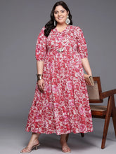 Plus Size Floral Printed Puff Sleeves Pure Cotton Maxi Ethnic Dress-AP-AHEDCOWX-237